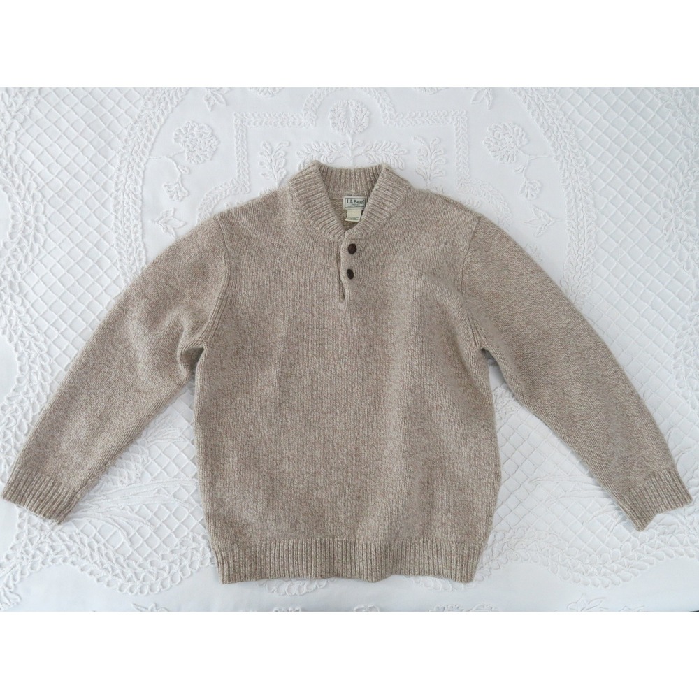 LL Bean Lambs Wool Henley Sweater Mens XL Oatmeal Beige Button Mock Neck 28517 - Picture 1 of 7